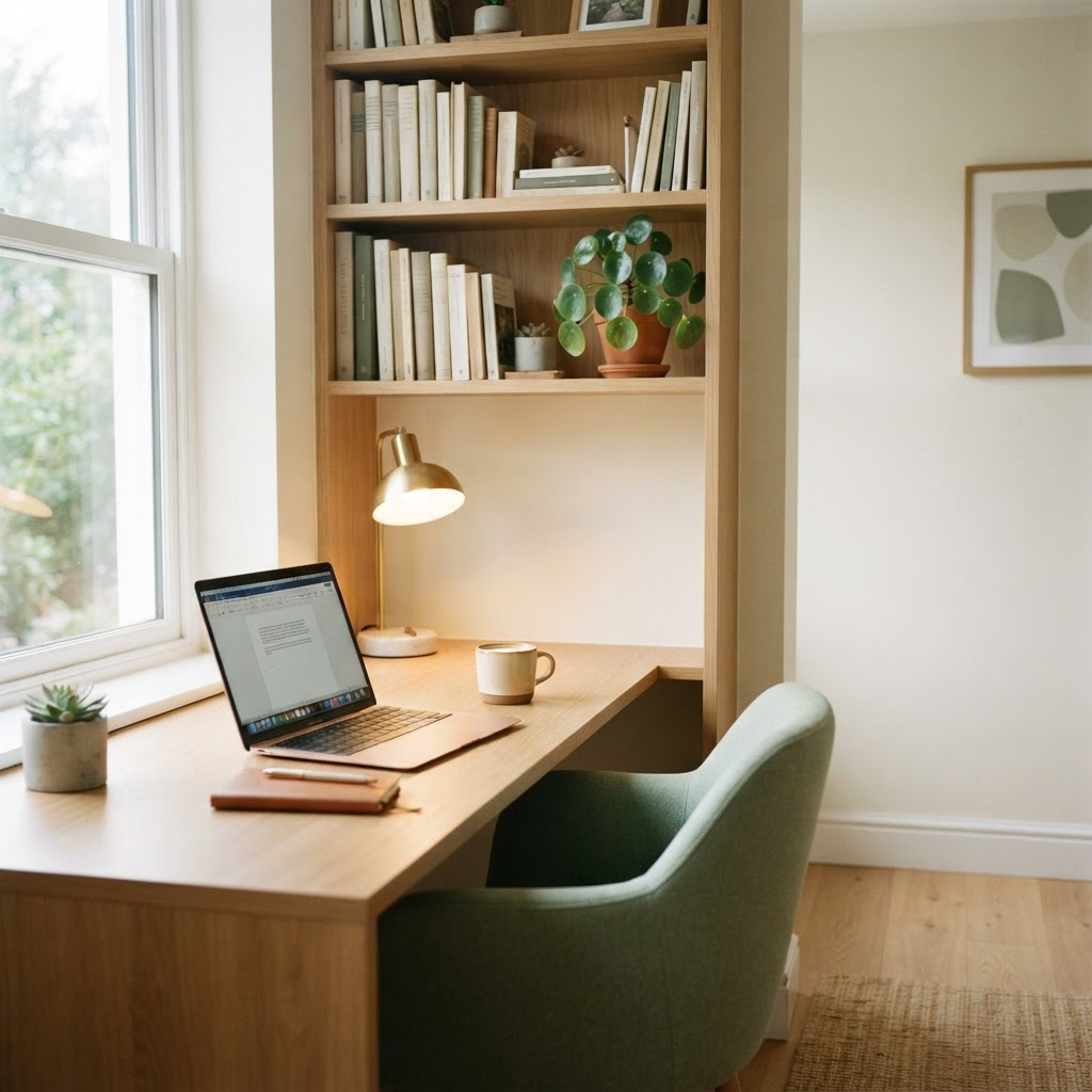 Koselig studiekrok med bokhylle, plante og åpen laptop