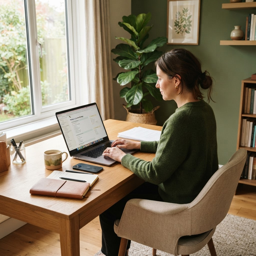 Hjemmekontor med laptop og strukturerte kursdokumenter